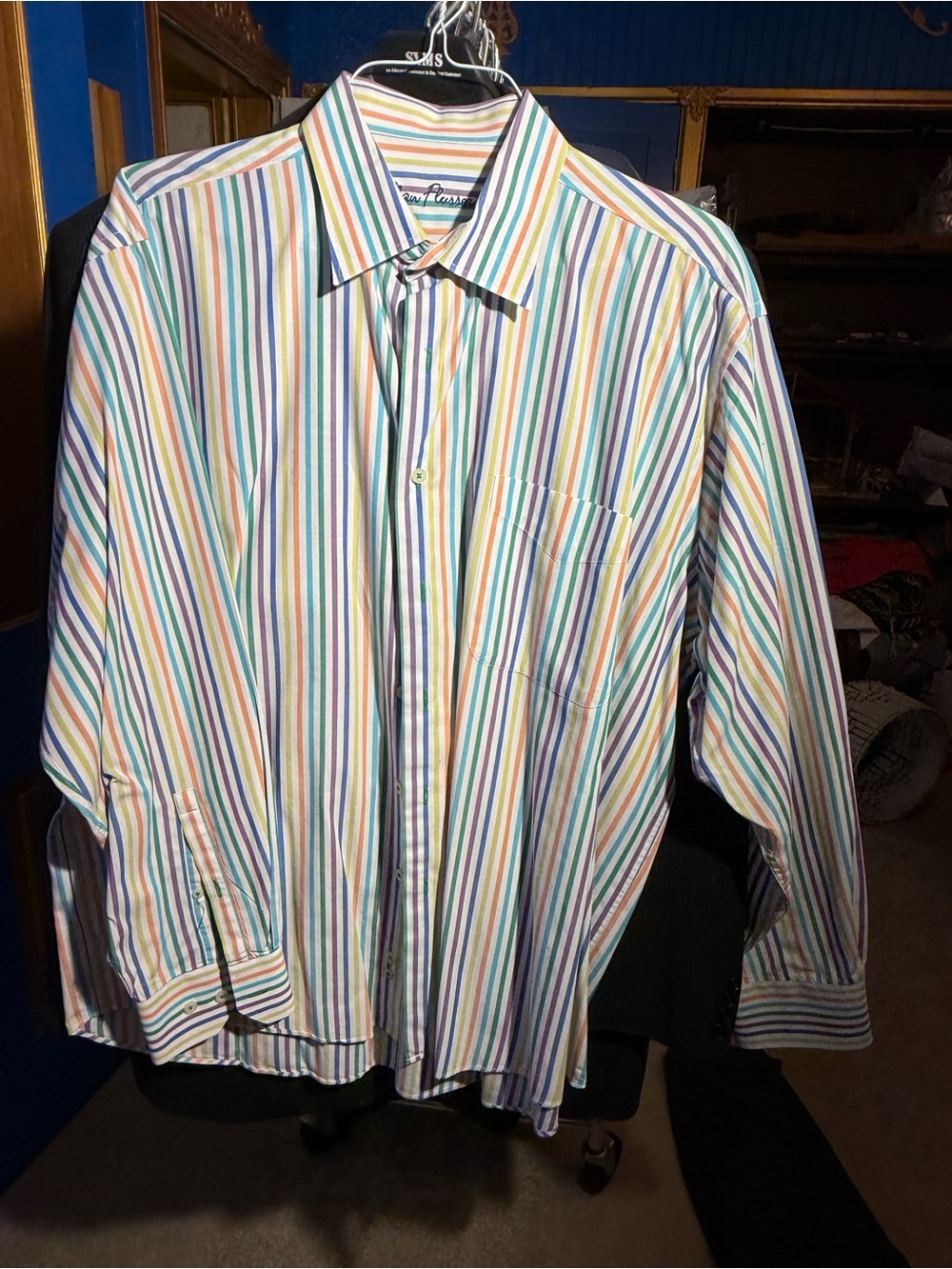 Alan Flusser Multicolor Rainbow Striped Button Down Shirt XL Dopamine Dressing